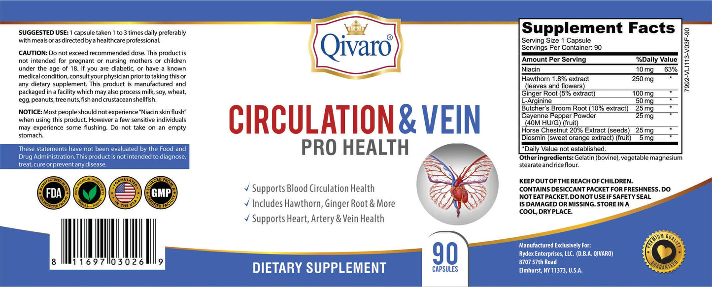 Qivaro Circulation & Vein Pro Supplement – Niacin, L-Arginine, Ginger, Cayenne Pepper, Hawthorn & Diosmin | 90 Capsules