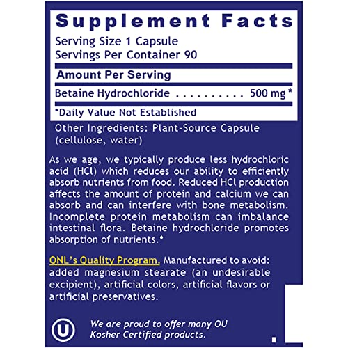 QNL Quantum HCL Betaine HCl Capsules - Digestive Aid & Gastric Acid Support (90 Veg, 2 Pack)