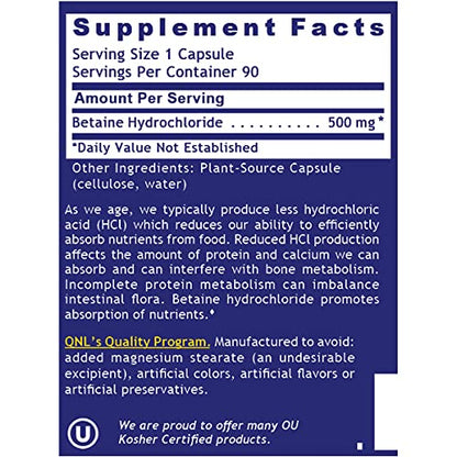 QNL Quantum HCL Betaine HCl Capsules - Digestive Aid & Gastric Acid Support (90 Veg, 2 Pack)