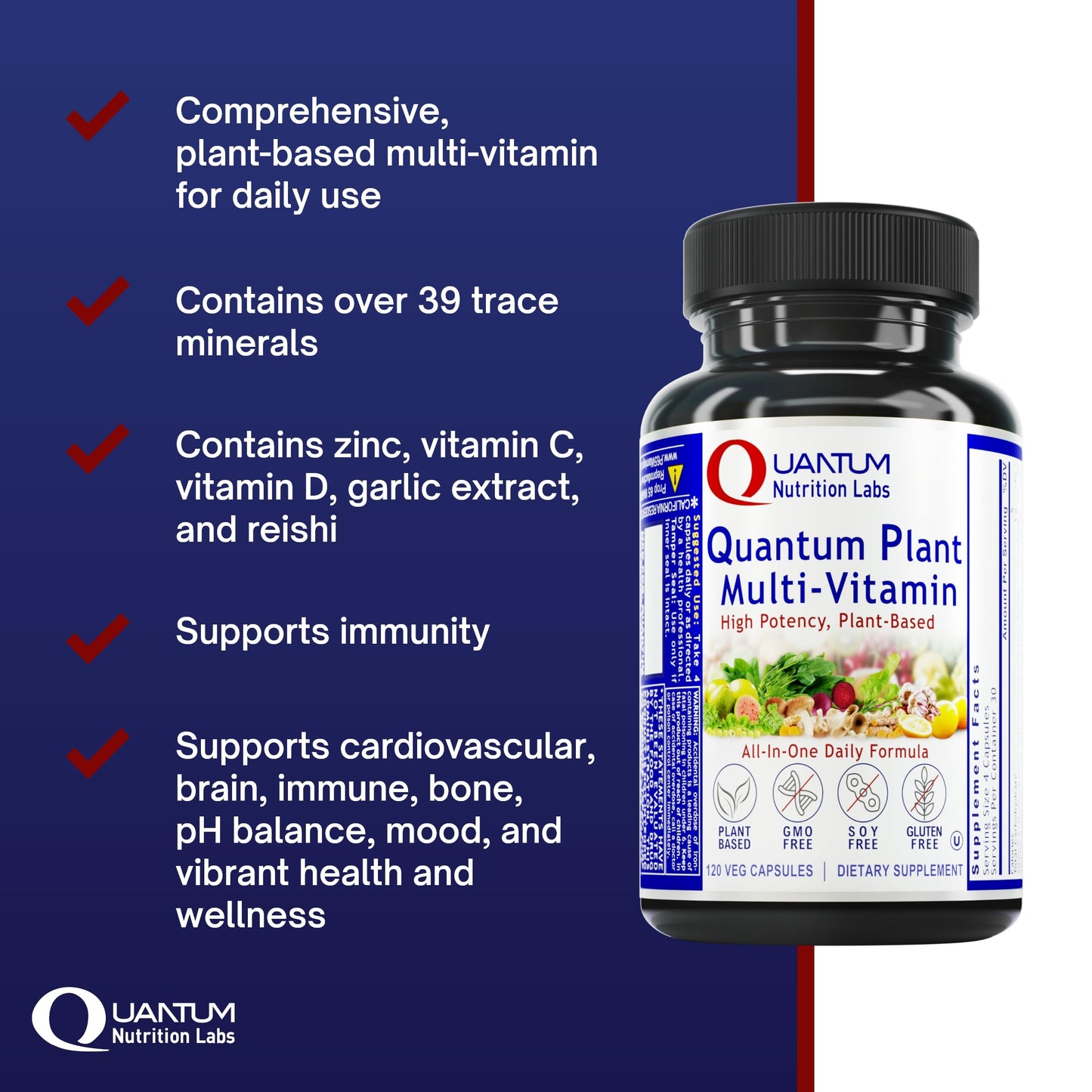 QNL Quantum Plant Multi-Vitamin – Complete Plant-Based Multivitamin for Immune Support (120 Capsules)