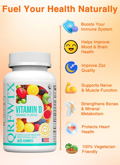 QRFWTX Vitamin D2 Gummies 1000 IU – Vegan, Ashwagandha, Plant-Based D2, Gluten Free, Non-GMO, 60 Count (Orange)
