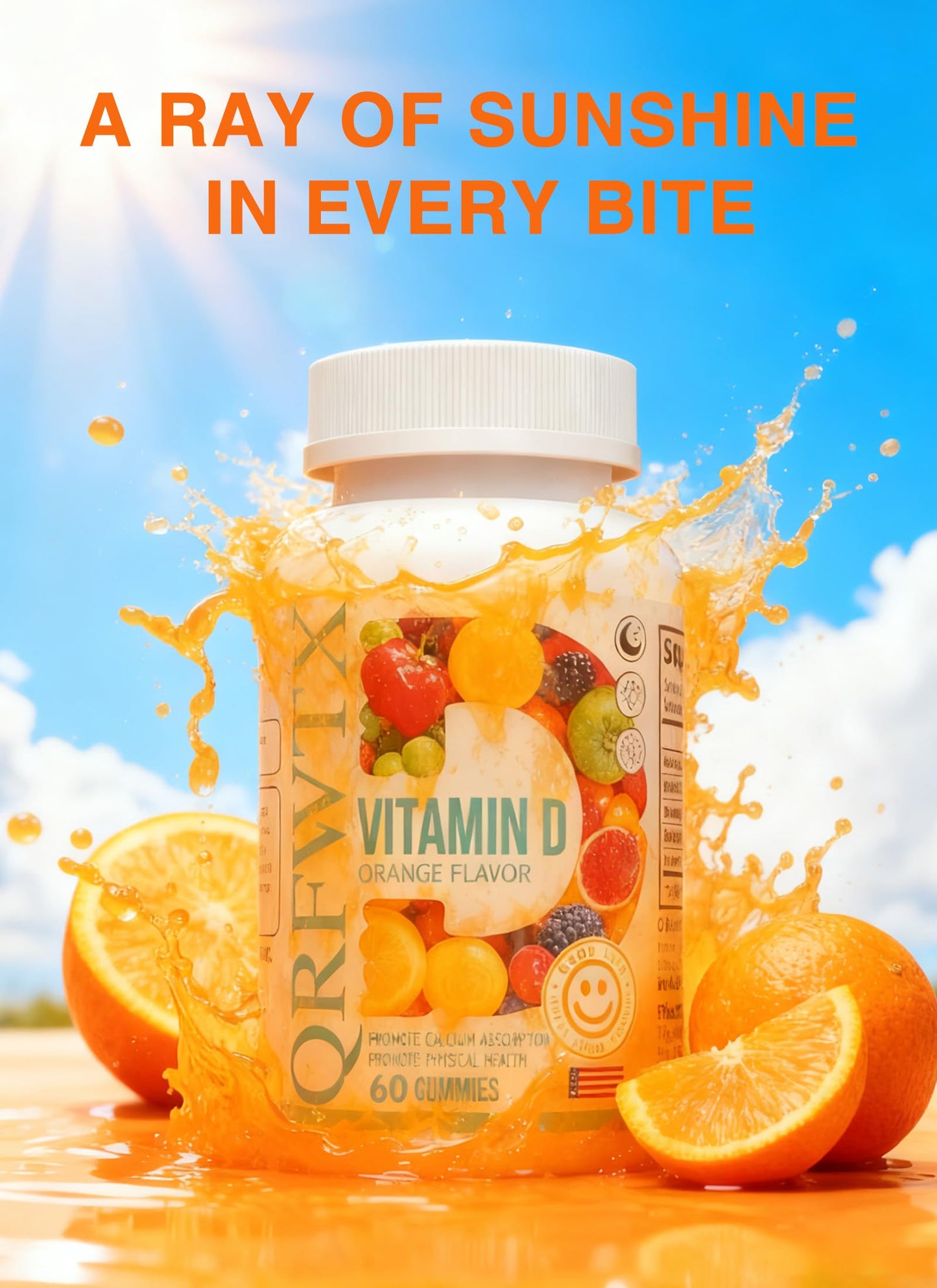 QRFWTX Vitamin D2 Gummies 1000 IU – Vegan, Ashwagandha, Plant-Based D2, Gluten Free, Non-GMO, 60 Count (Orange)