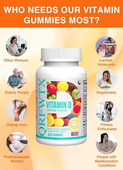 QRFWTX Vitamin D2 Gummies 1000 IU – Vegan, Ashwagandha, Plant-Based D2, Gluten Free, Non-GMO, 60 Count (Orange)