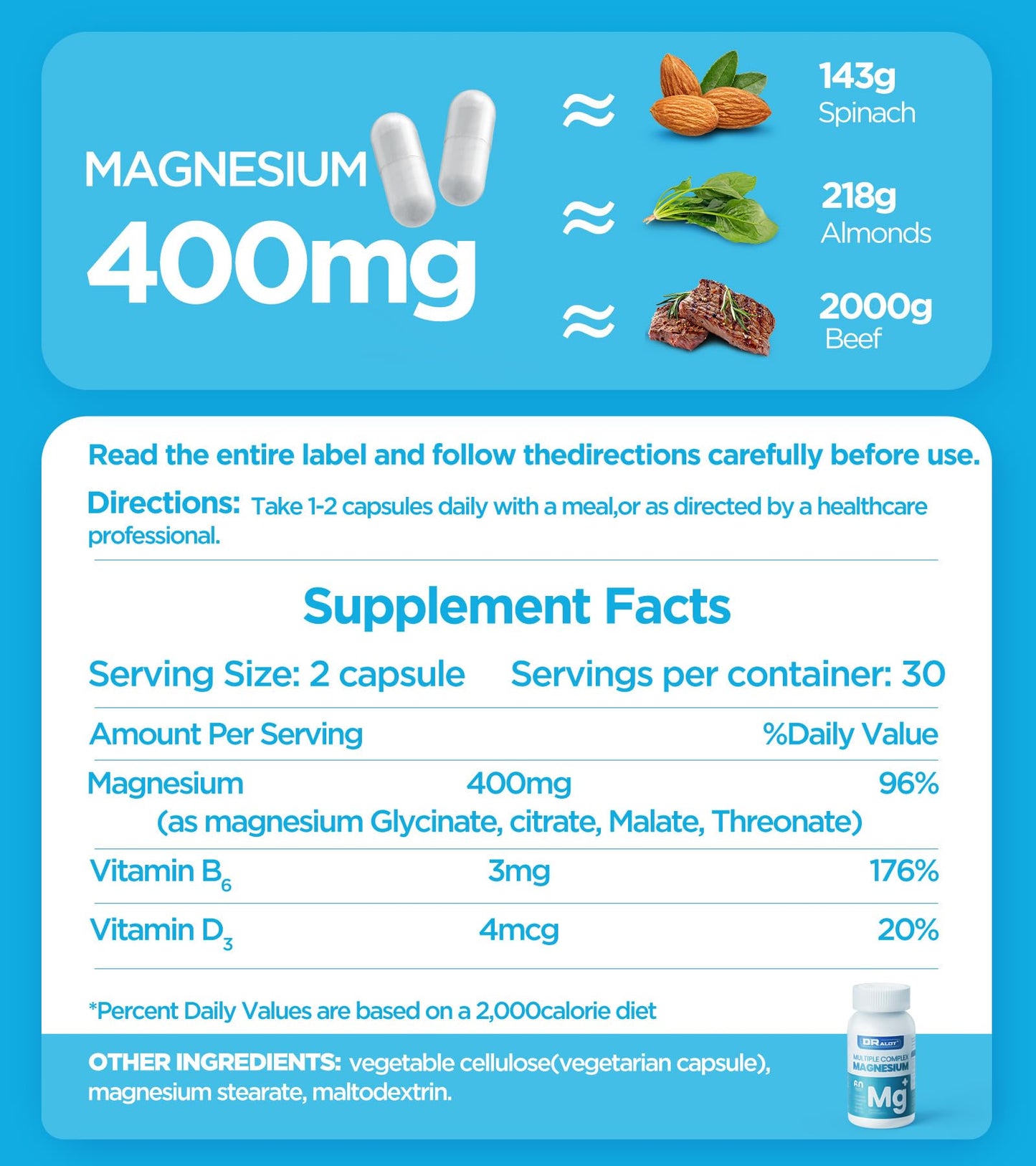Quadruple Magnesium 400mg – Glycinate, L-Threonate, Citrate & Malate + D3 & B6 | 60 Vegan Caps