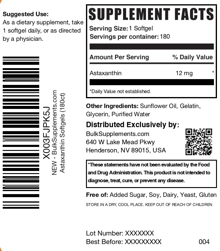 BulkSupplements Astaxanthin 12mg Softgels – Gluten Free, 180 Count (Pack of 1)