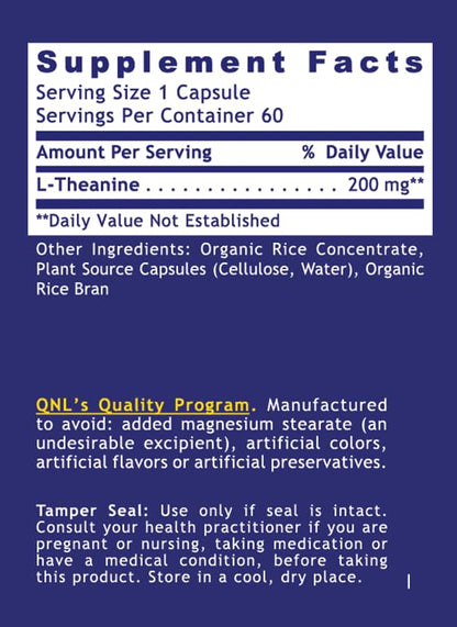Quantum Nutrition Labs L-Theanine Extra Strength 200mg – Focus & Relaxation (60 Vegan Capsules)