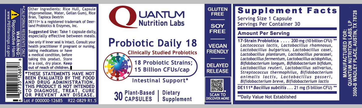 Quantum Nutrition Labs Probiotic Daily 18 – Digestive Health Probiotics (30 Vegetarian Capsules)