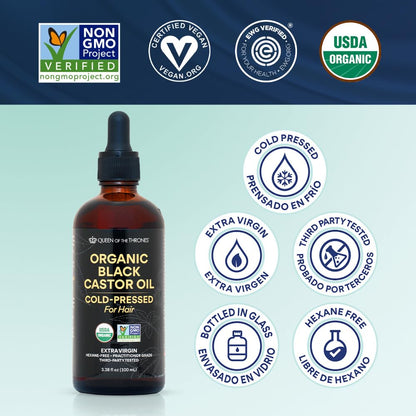 QUEEN OF THE THRONES Organic Black Castor Oil 100mL with Dropper - Hexane-Free, Extra Virgin