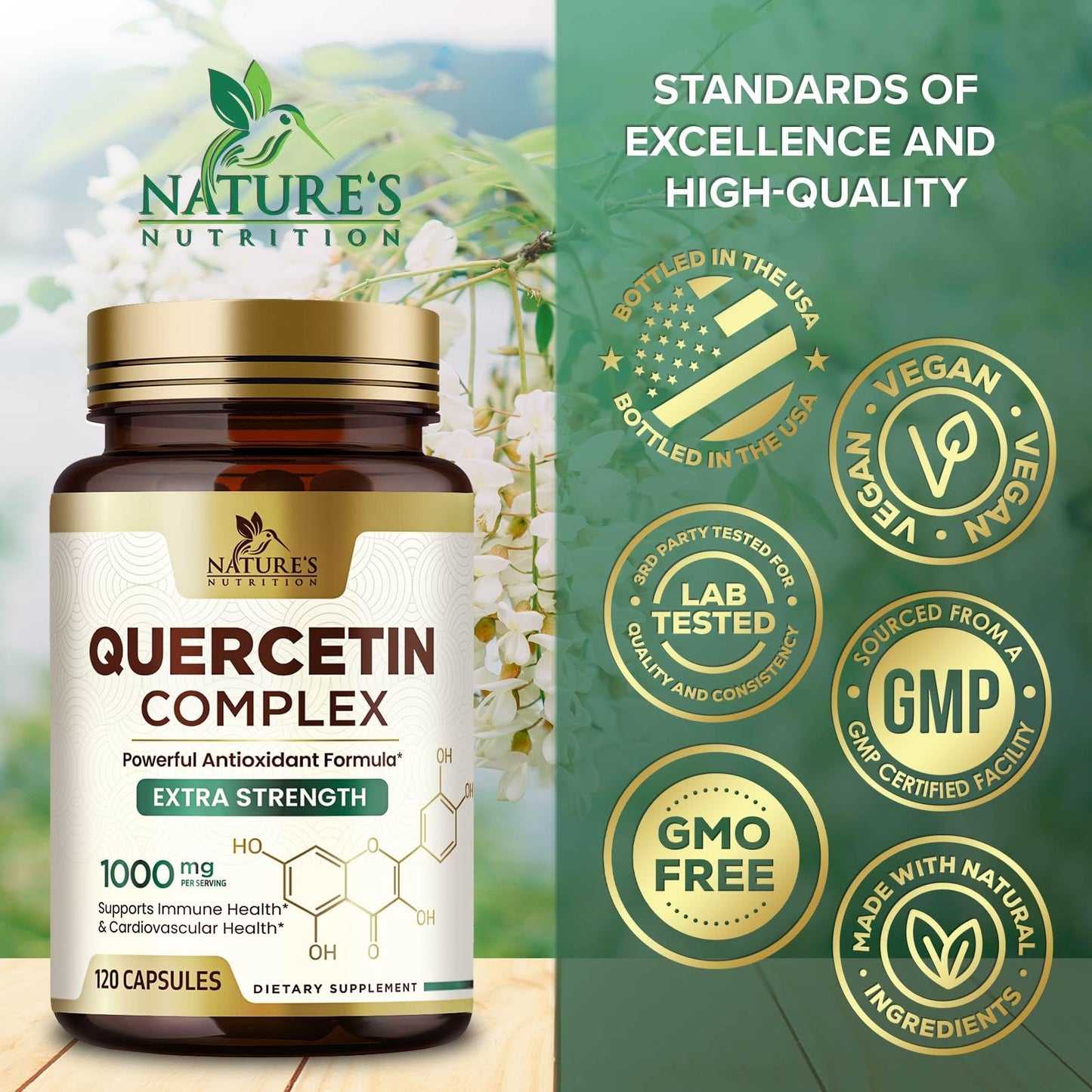 Quercetin Supplement 1000mg - Extra Strength Plant-Based Bioflavonoids for Immune & Respiratory Support