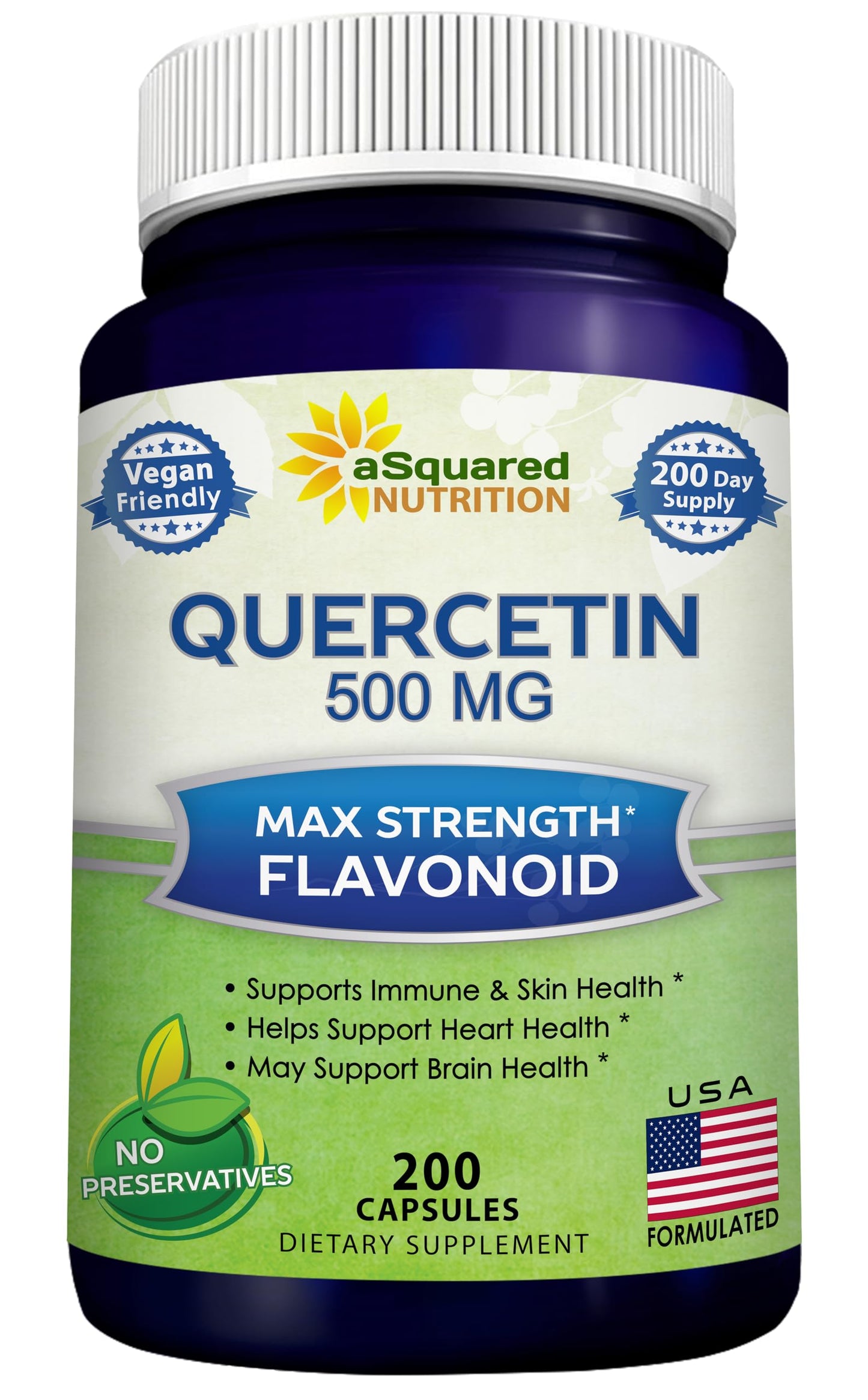 aSquared Nutrition Quercetin 500mg Supplement - 200 Capsules | Max Strength Quercetin Dihydrate for Immune & Cardiovascular Support