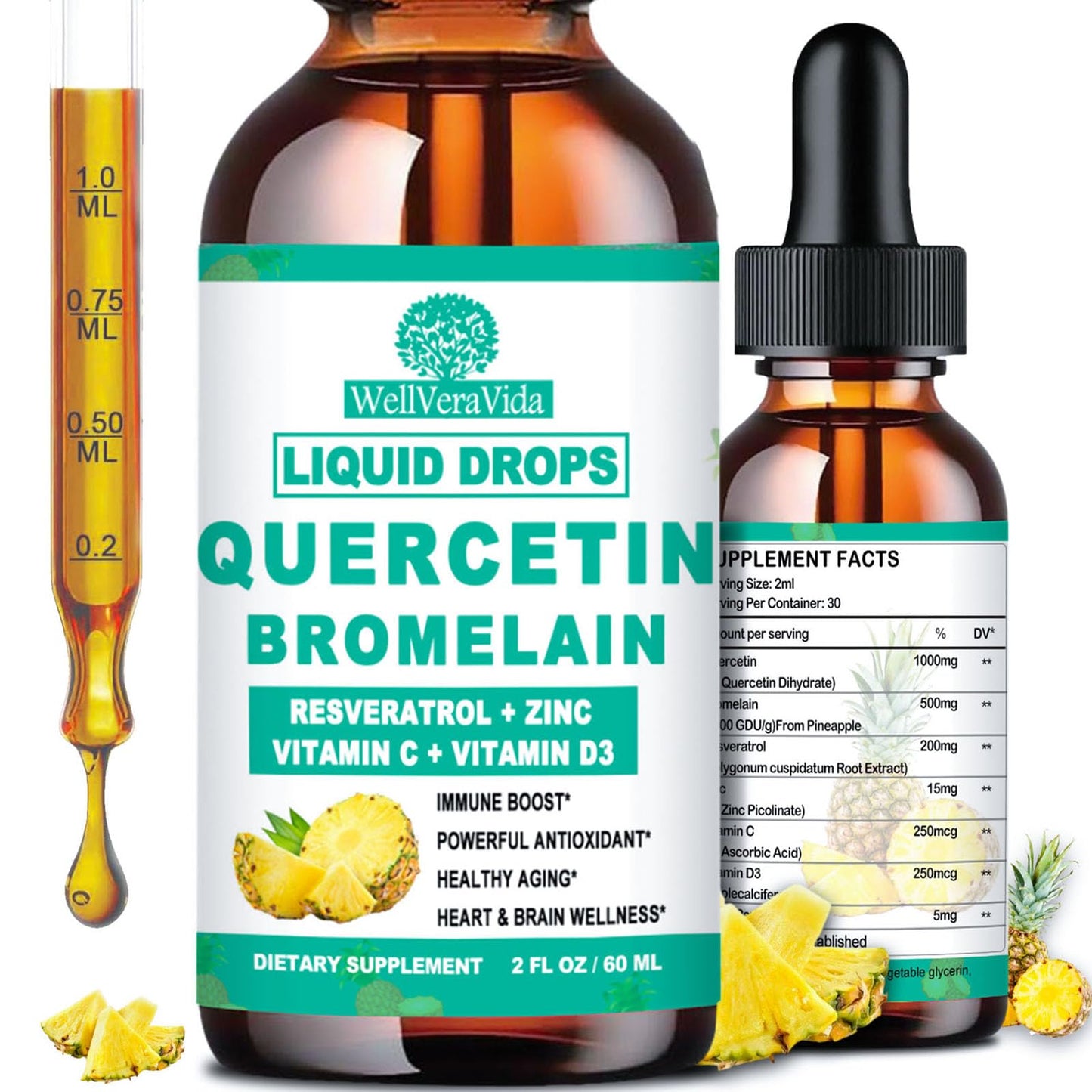 Quercetin with Bromelain Liquid Drops – 4X Stronger Than Capsules & Pills, 7-in-1 Immune Support