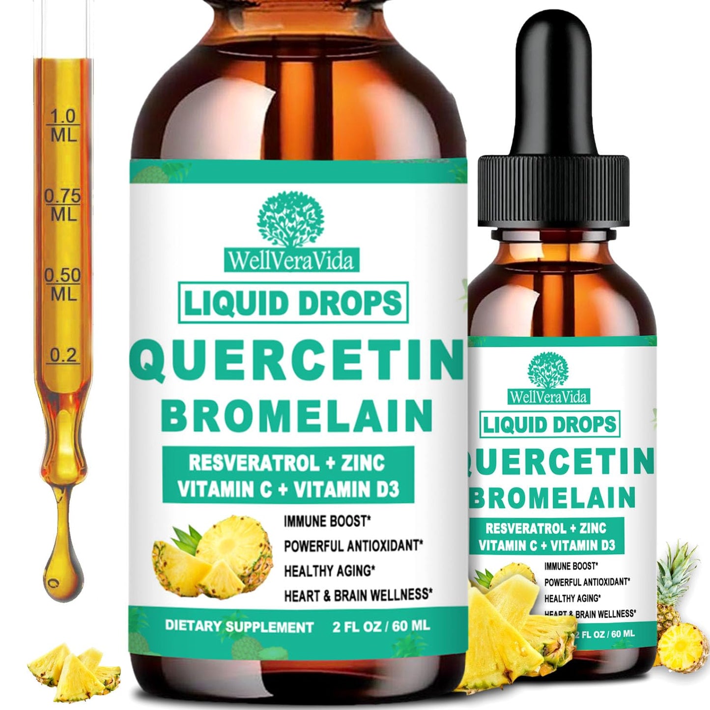 2 Pack Quercetin with Bromelain Liquid Drops – Immune Support (Zinc, Vitamin C, D3)
