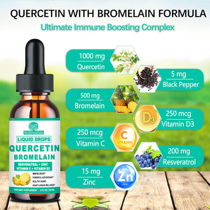 2 Pack Quercetin with Bromelain Liquid Drops – Immune Support (Zinc, Vitamin C, D3)