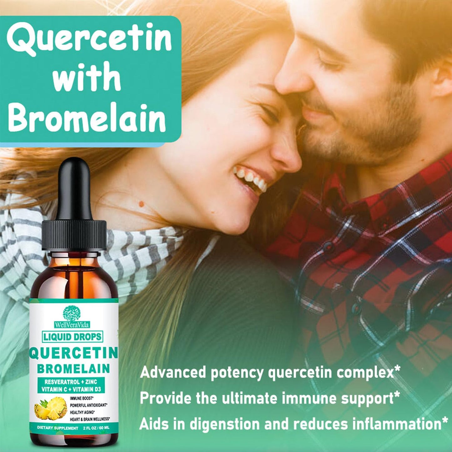 2 Pack Quercetin with Bromelain Liquid Drops – Immune Support (Zinc, Vitamin C, D3)