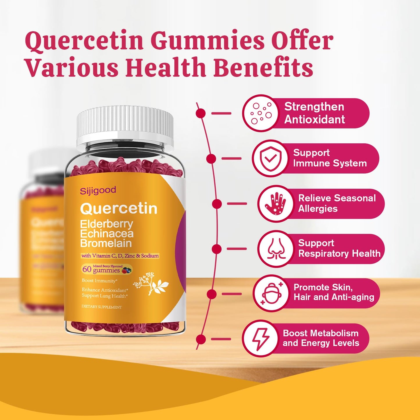2 Packs Quercetin Gummies with Bromelain + Elderberry, Echinacea, Vitamin C, D & Zinc – Immune Support (120 Count)