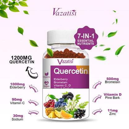 Quercetin Gummies, Quercetin with Vitamin C Zinc, Bromelain, Elderberry and Vitamin D, Immune Support Adults Kids, Women Men 120 Gummies Chewable