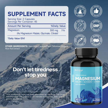 Quitmood Triple Magnesium Complex | 300mg of Magnesium Glycinate, Malate, & Citrate for Muscles, Nerves, & Energy | High Absorption | Vegan, Non-GMO | 90 Capsules