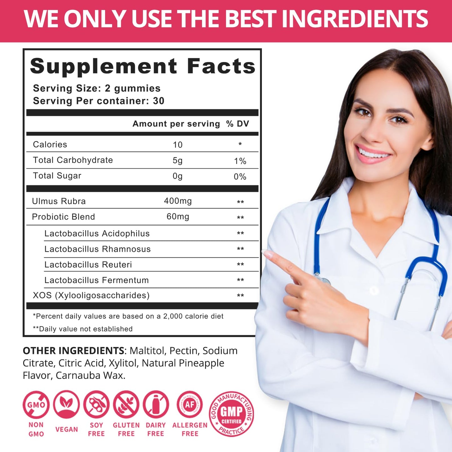 QVQ Women's Probiotic Slippery Elm Gummies – Pineapple Flavor, 60 Gummies (2-Pack) | Gluten-Free, Vegan, pH Balance