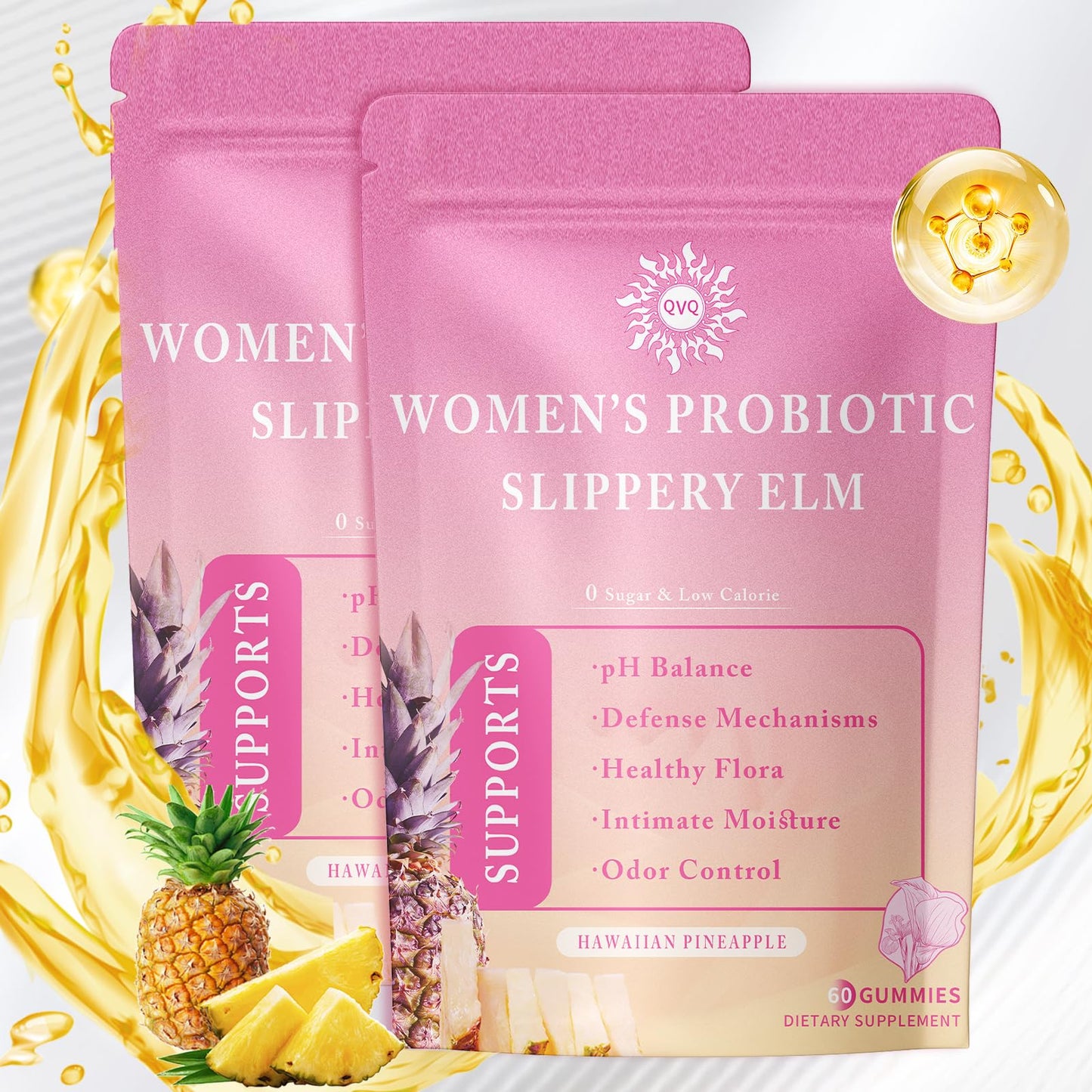 QVQ Women's Probiotic Slippery Elm Gummies – Pineapple Flavor, 60 Gummies (2-Pack) | Gluten-Free, Vegan, pH Balance