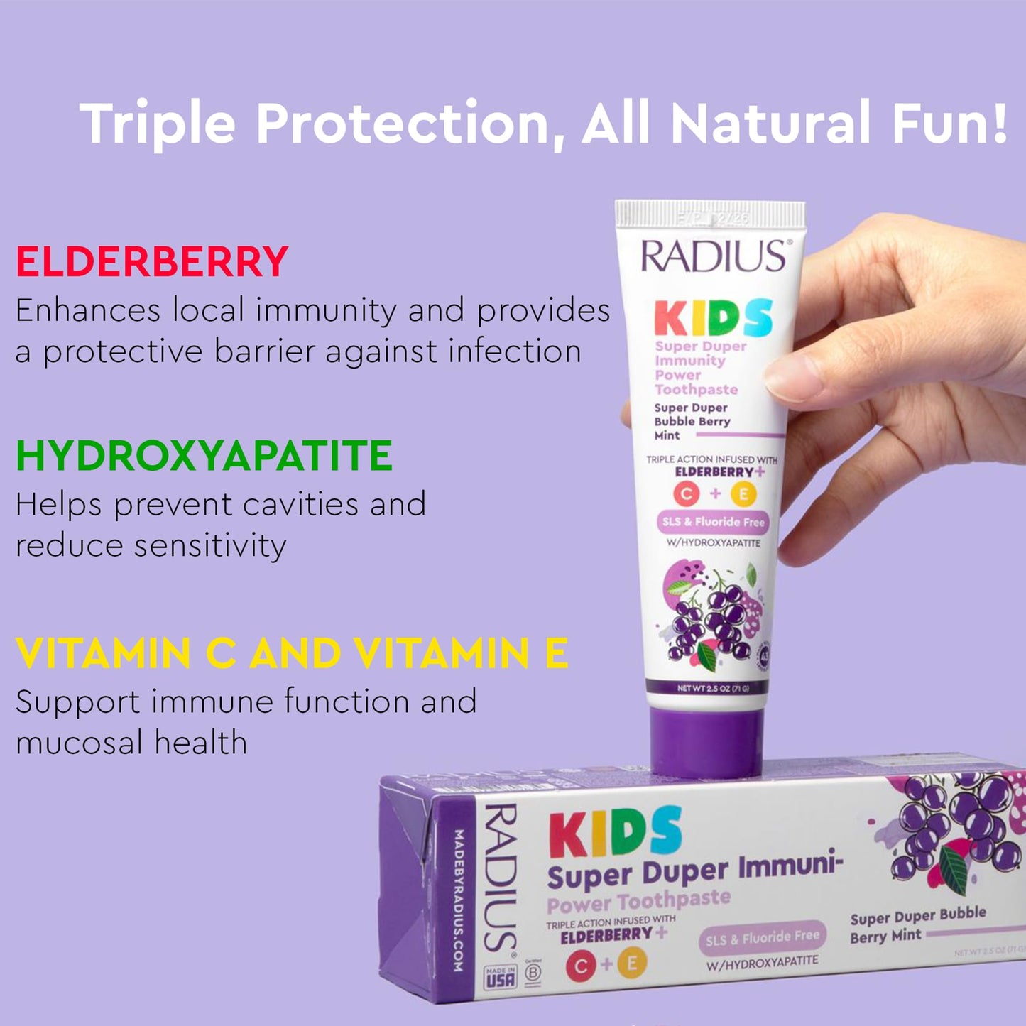 RADIUS Kids Immunity Toothpaste 3-Pack | Super Duper Bubble Berry Mint 2.5 oz
