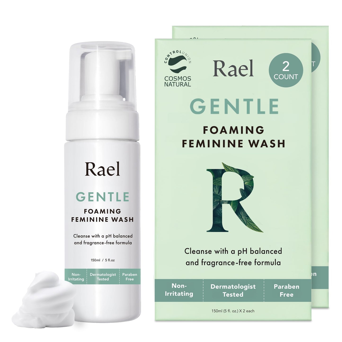 Rael Feminine Wash Foaming Cleanser for Women – Unscented, Cosmos Certified Natural (5oz, 4 Pack)