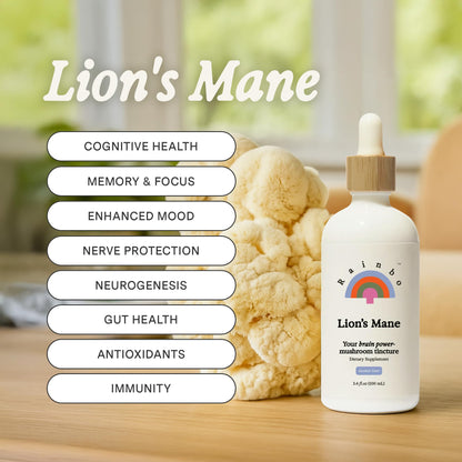 Rainbo Lion's Mane Tincture – Dual Extract for Brain Health | Vegan, Non-GMO 3.4 fl oz