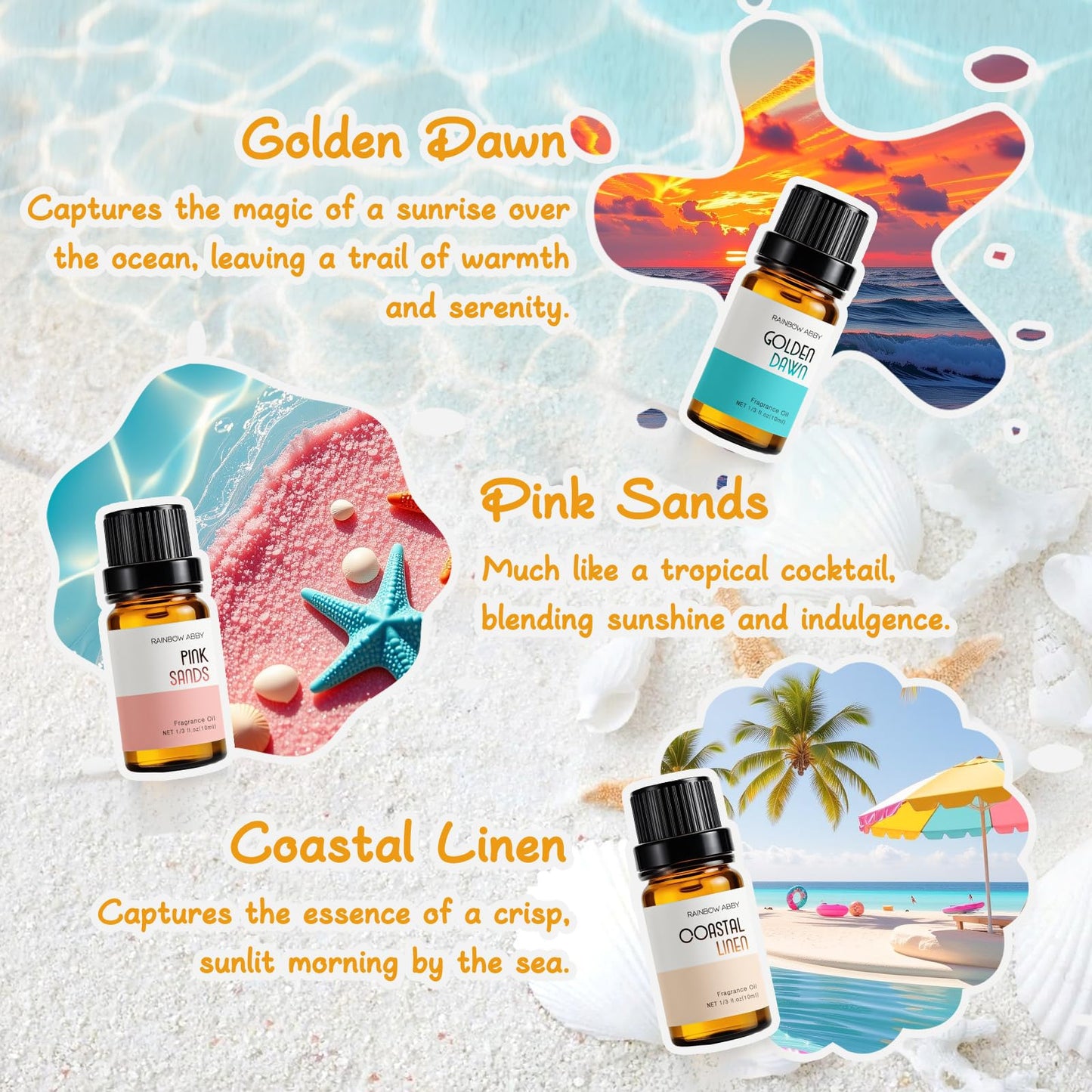 Beach Essential Oils for Diffusers – RAINBOW ABBY 6x10ml Set | Golden Dawn, Pink Sands, Coastal Linen, Ocean Breeze, Ocean, Ocean Mist