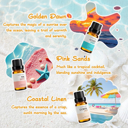 Beach Essential Oils for Diffusers – RAINBOW ABBY 6x10ml Set | Golden Dawn, Pink Sands, Coastal Linen, Ocean Breeze, Ocean, Ocean Mist