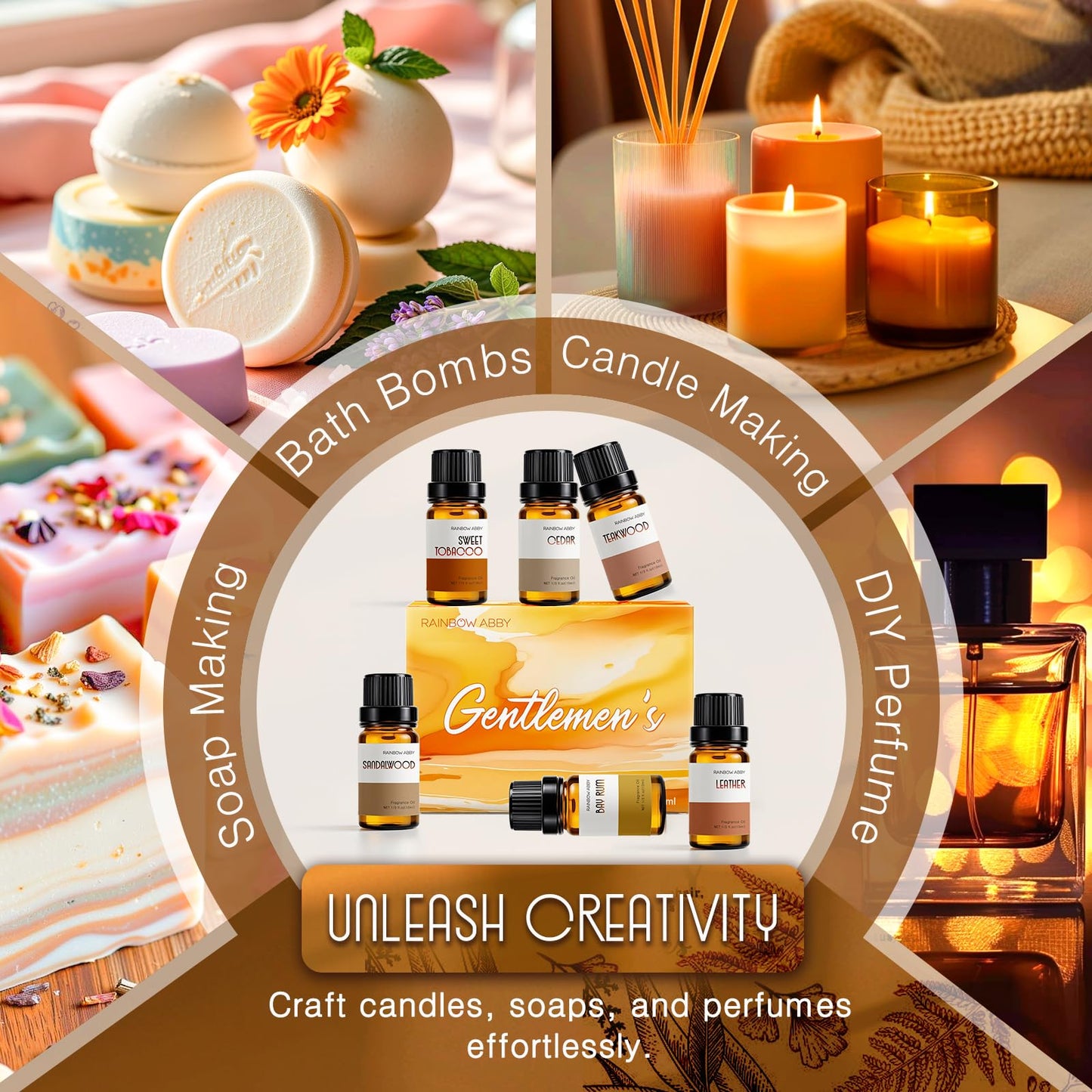 RAINBOW ABBY Gentlemen's Fragrance Oil Set - Leather, Bay Rum, Teakwood, Cedar, Sweet Tobacco & Sandalwood (6x10ML)