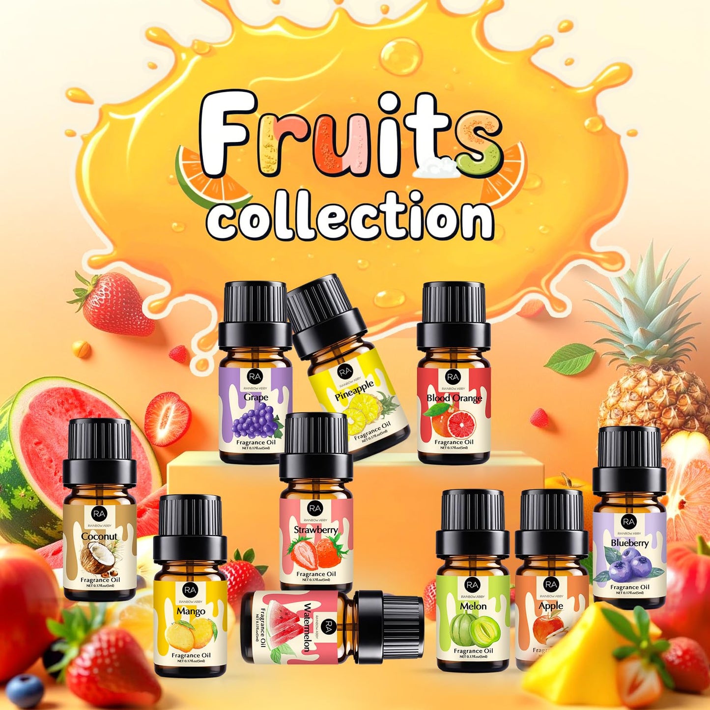 RAINBOW ABBY Fruity Fragrance Oil – 10 Fruit Scents in 5ML Bottles for Candle & Soap Making