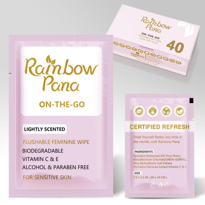 RainbowPana Feminine Wipes - 40 Count On-The-Go, Flushable Travel Wipes for Women | Aloe, Portulaca, Vitamin E | pH Balanced, Biodegradable