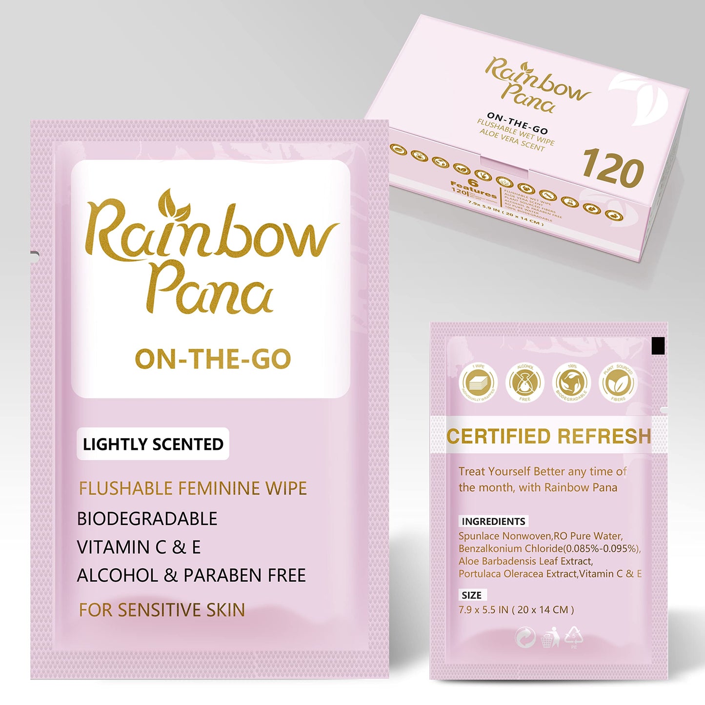RainbowPana Feminine Wipes | 120 Count, Flushable Aloe & Vitamin-E