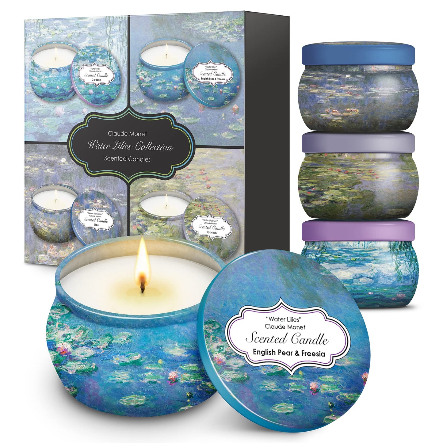 RainCaper Monet Water Lilies Scented Candles Gift Set | 4x4.4 oz Soy, 8% Essential Oils