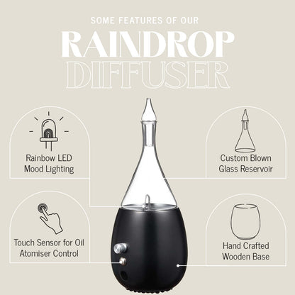 Raindrop 2.0 Waterless Glass Diffuser - Organic Aromas, Auto-Off, BPA-Free, Black