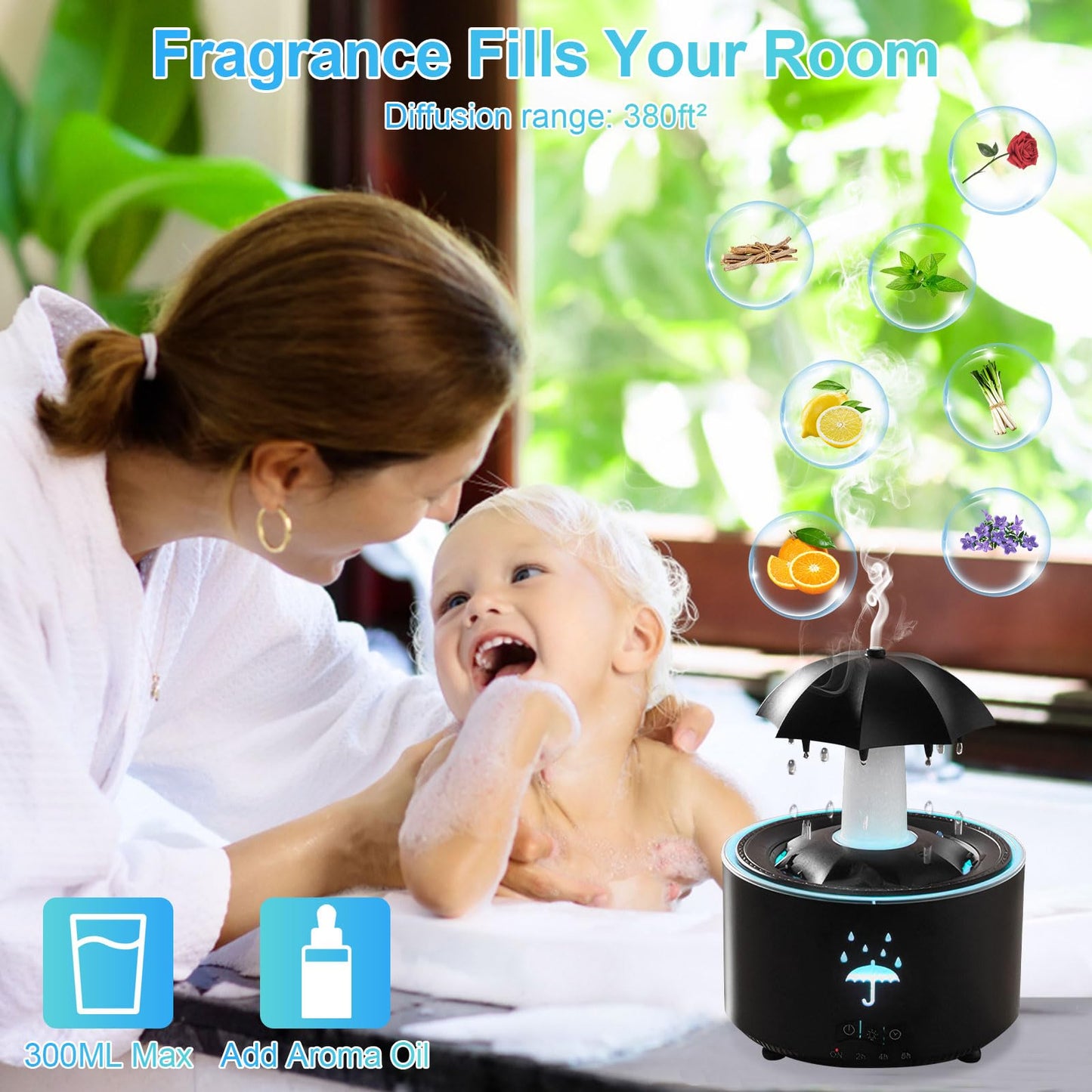 Raindrop Humidifier - Aromatherapy Diffuser, 300ml, 7-Color Night Light (Black)
