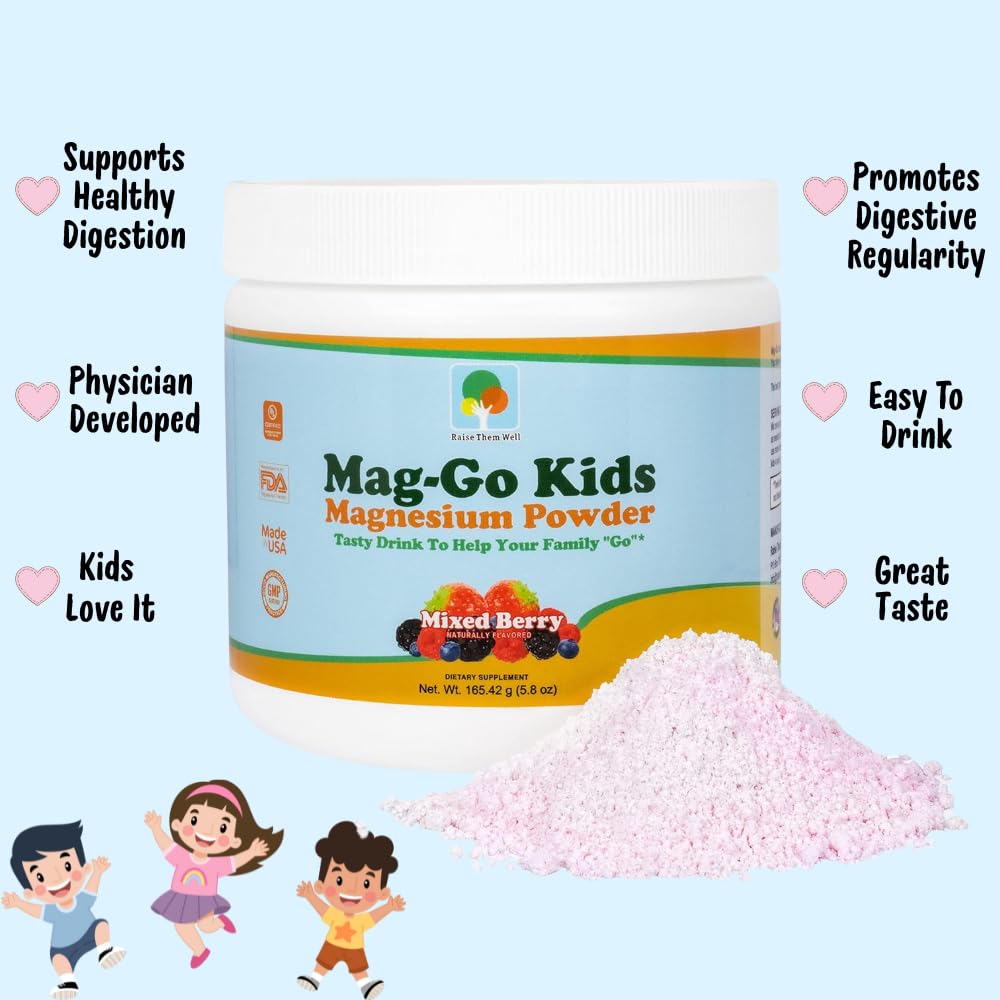 Raise Them Well Mag-Go Kids Magnesium Powder – Constipation Relief, Mixed Berry, 90 Servings