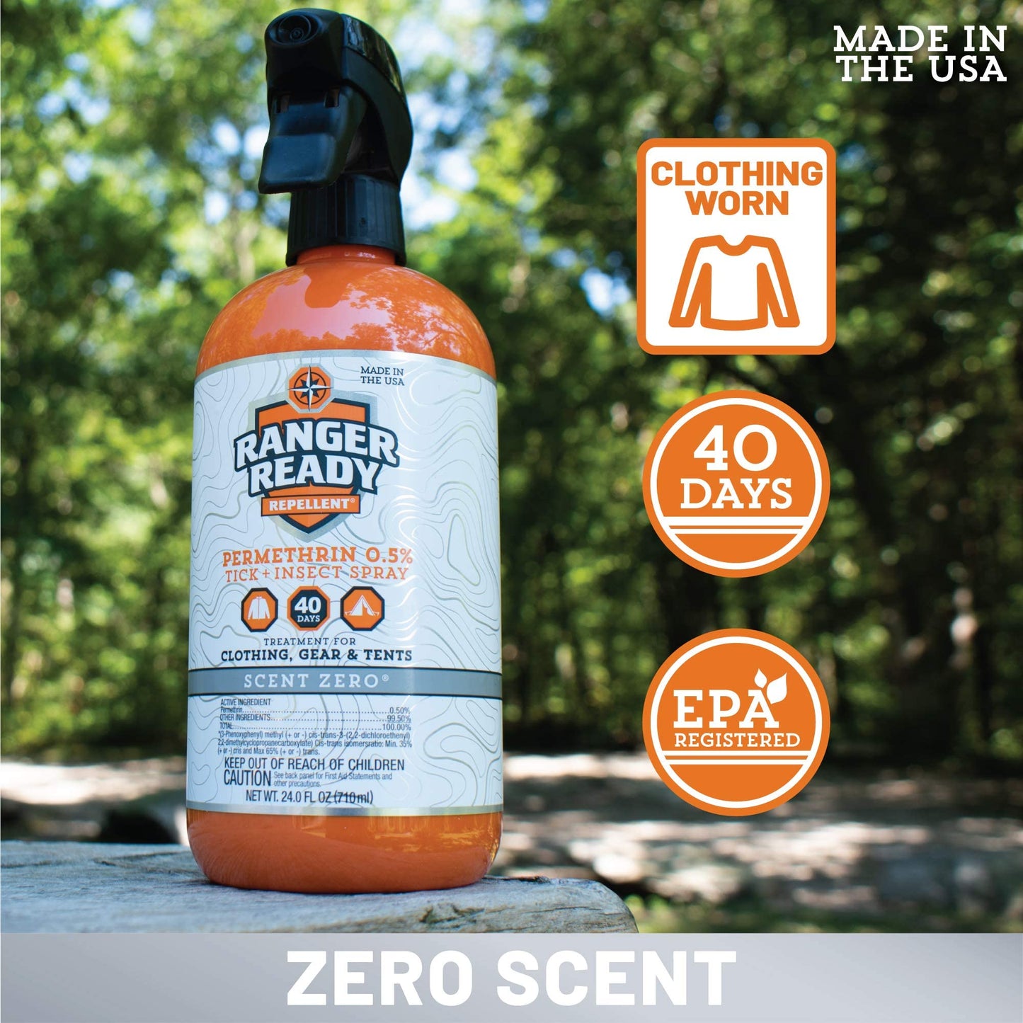 Ranger Ready Repellents Permethrin Spray for Clothes & Gear – Scent Zero, 24 oz
