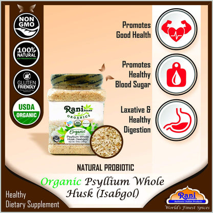 Rani Organics Psyllium Whole Husk Powder (Isabgol) – USDA Organic Dietary Fiber, 9.8oz Jar