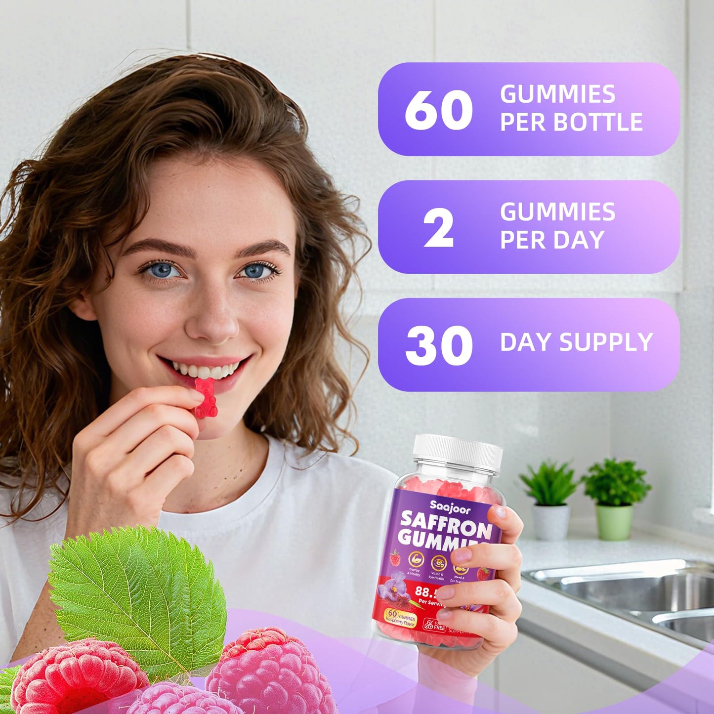 Saffron Gummies for Adult Kids - 88.5mg Saffron, Mood & Focus, Vegan Raspberry 60 Gummies