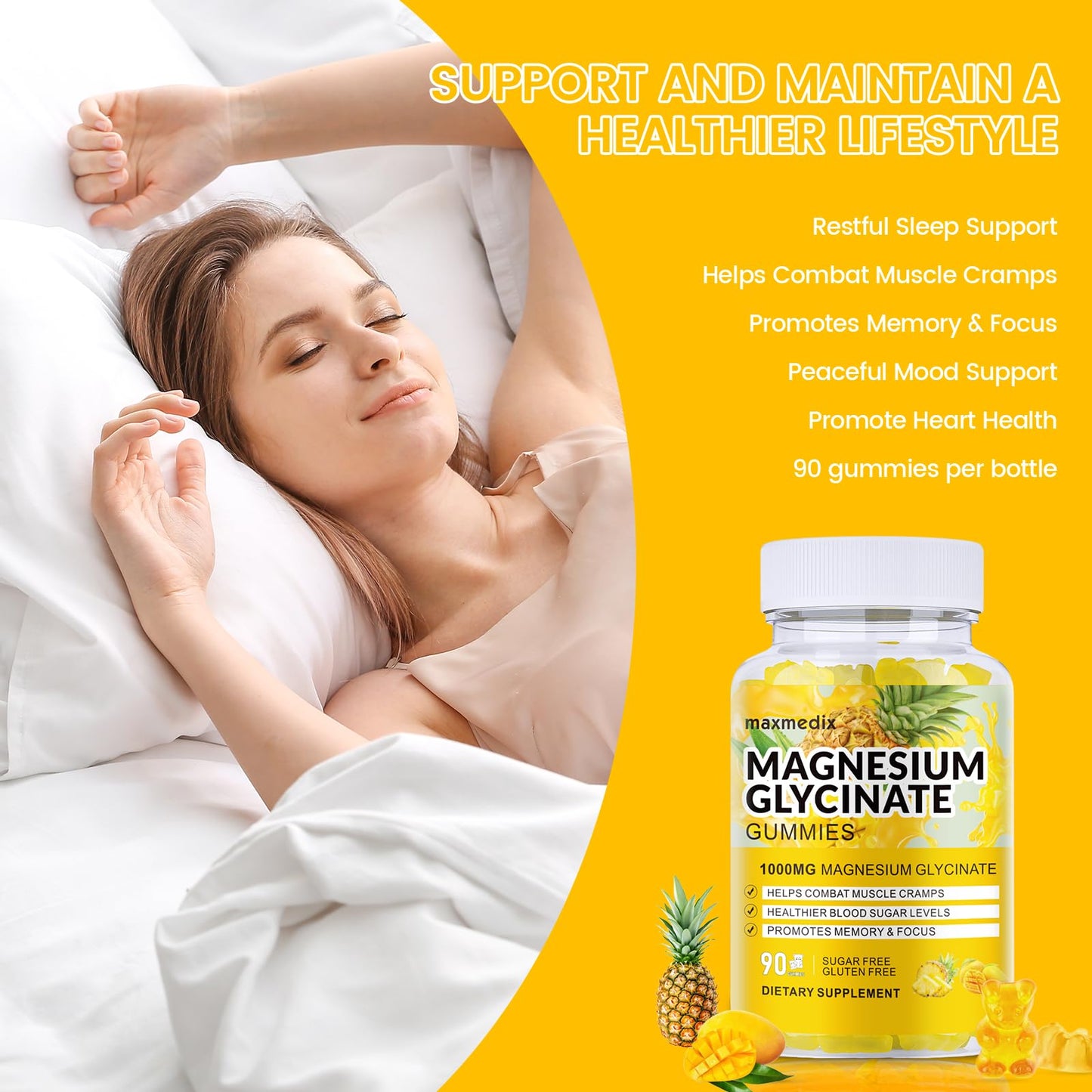 Magnesium Glycinate Gummies 1000mg – Sugar Free, Potassium Support (90 Mango Pineapple Gummies)