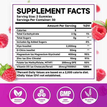 2-Pack Myo-Inositol and D-Chiro Inositol Gummies – 40:1 Ratio, Raspberry Flavor, 120 Count