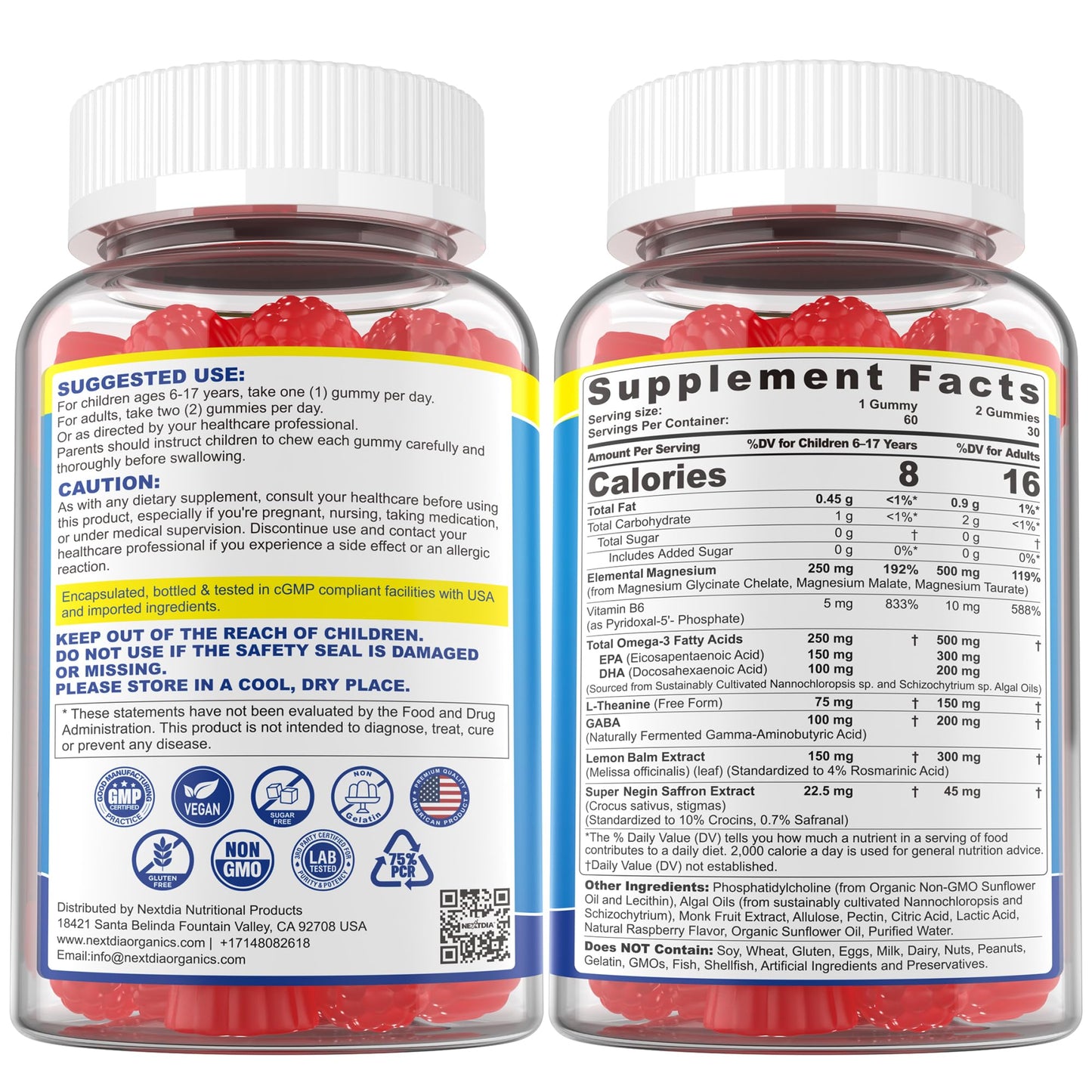 Triple Magnesium Complex Gummies for Adults & Kids 6+ – Sugar Free | Omega-3, Saffron, L-Theanine