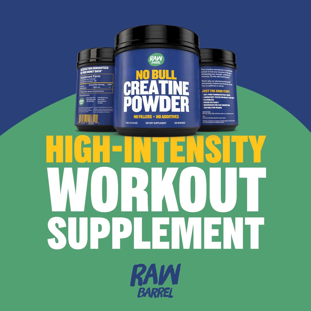 Raw Barrel No Bull Creatine Powder 500g | Monohydrate Creatine for Fast Recovery, Strength & Muscle
