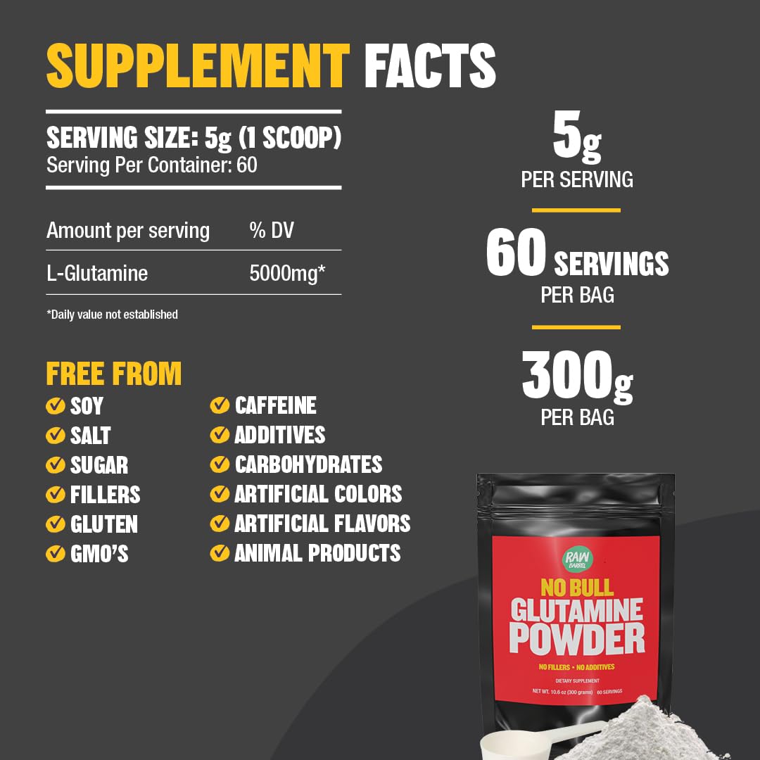 Raw Barrel No Bull L-Glutamine Powder - Unflavored, Micronized, Non-GMO, Vegan, Gluten Free, 300g