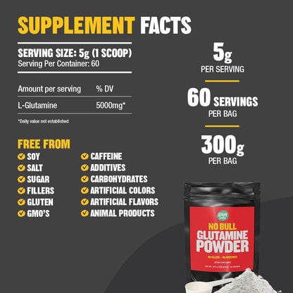 Raw Barrel No Bull L-Glutamine Powder - Unflavored, Micronized, Non-GMO, Vegan, Gluten Free, 300g