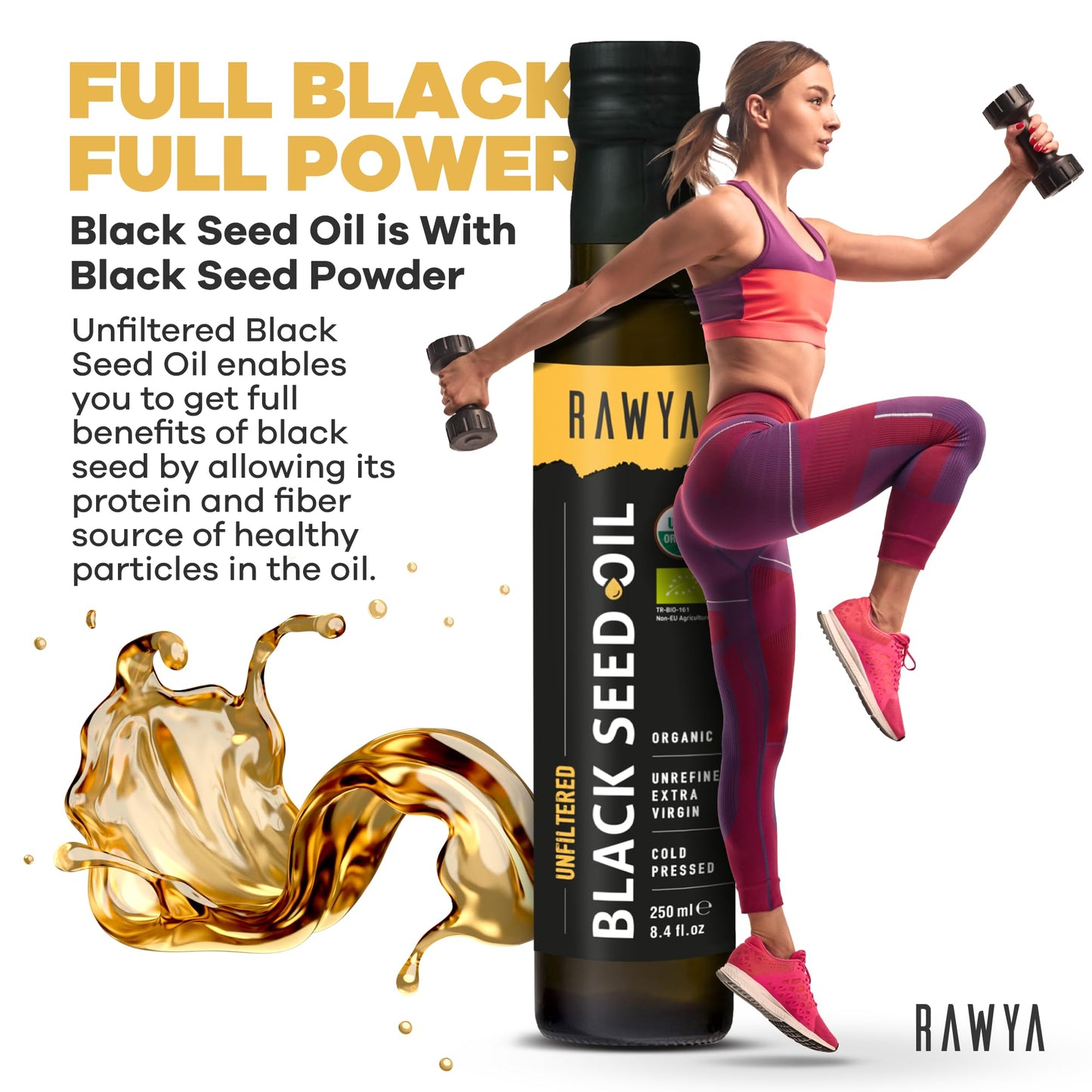 RAWYA Black Seed Oil - Organic Cold-Pressed Nigella Sativa (Turkish Origin) - USDA Organic - 2x250ml Glass