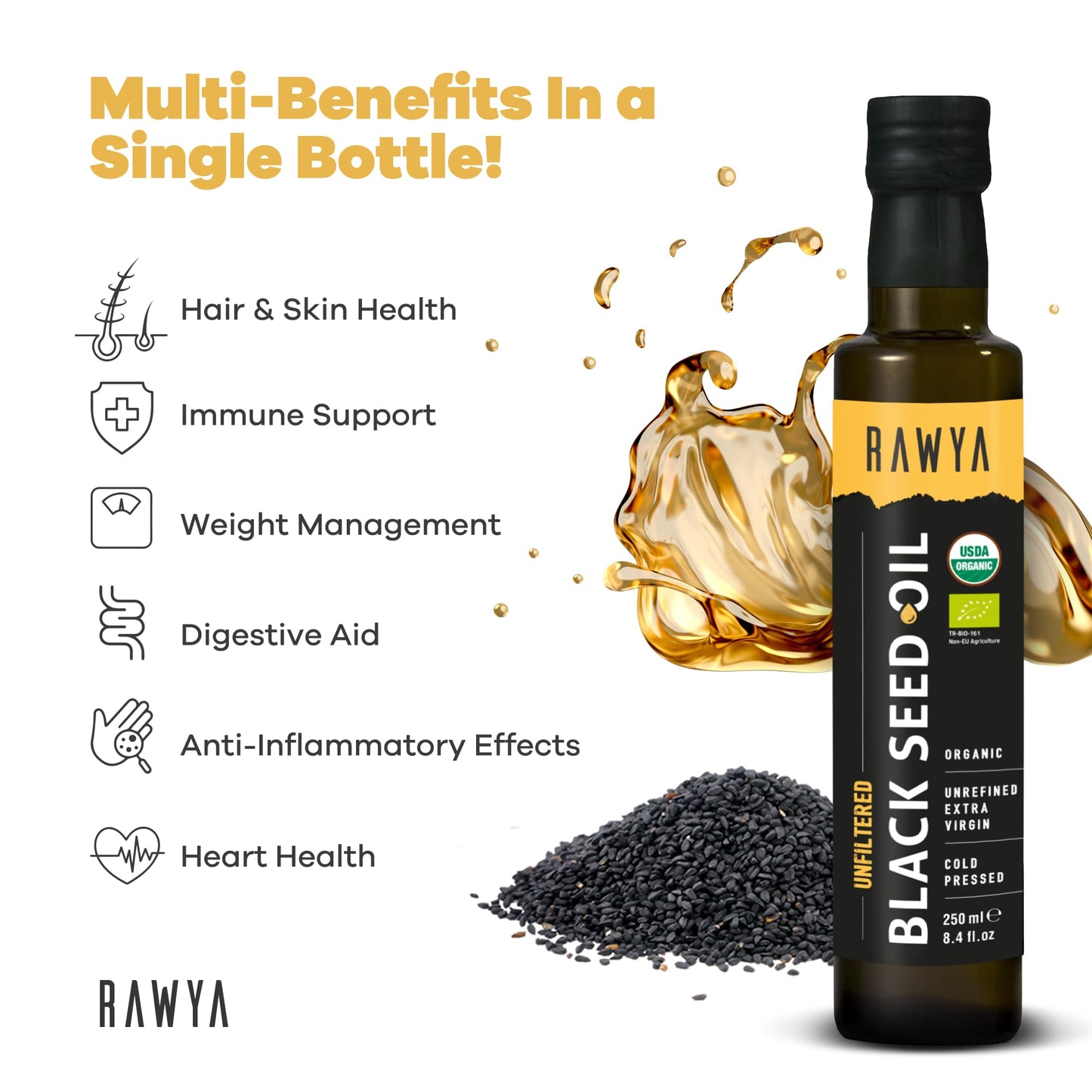 RAWYA Black Seed Oil - Unfiltered - 8.4 oz - Organic Full-Spectrum Cold-Pressed