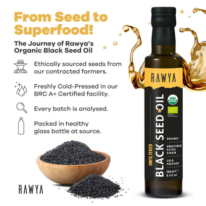 RAWYA Black Seed Oil - Organic Cold-Pressed Nigella Sativa (Turkish Origin) - USDA Organic - 2x250ml Glass