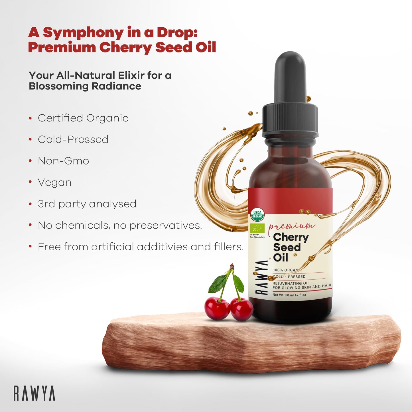RAWYA Cherry Oil - Cold-Pressed, Unrefined | 1.7 oz Glass Bottle