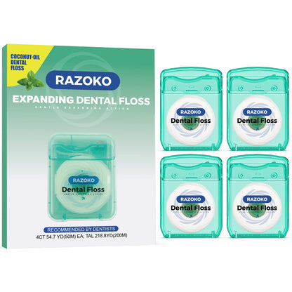 RAZOKO Coconut Oil Dental Floss – Expanding for Wide Spaces – Mint (55 Yards, 4 Count)